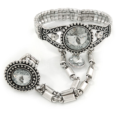 Vintage Inspired Clear Glass Stone Flex Bracelet With Round Crystal Ring Attached - 19cm Length, Ring Size 7/8 - main view