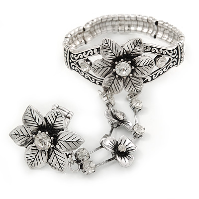Vintage Inspired Crystal Floral Flex Bracelet With Daisy Flower Crystal Ring Attached - 18cm Length, Ring Size 7/8