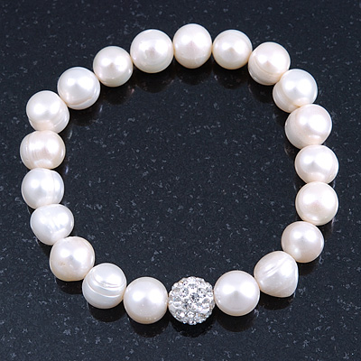 10mm Freshwater Pearl With Clear Crystal Disco Ball Bead Stretch Bracelet - 18cm L - main view