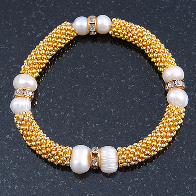 Gold Tone Snowflake With 9mm Light Cream Freshwater Pearl Bead and Crystal Spacer Stretch Bracelet - 19cm L - main view