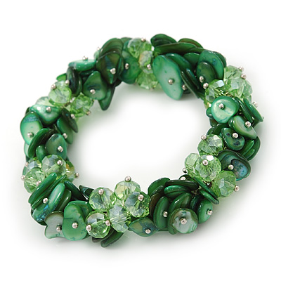 Grass Green Glass Beads With Shell Chips Clustered Stretch Bracelet - 19cm L - main view