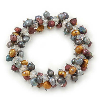 7mm Multicoloured Freshwater Pearl and Transparent Glass Bead Stretch Bracelet - 18cm L