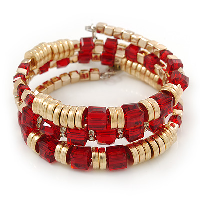 Gold Plated Metal & Red Glass Bead Coil Flex Bracelet - Adjustable - main view