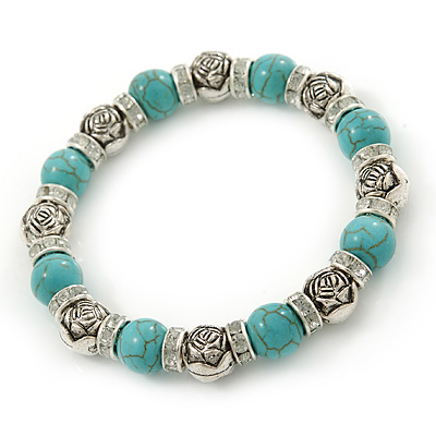 10mm Classic Turquoise Bead, Crystal Ring, Rose Flex Bracelet - 19cm L - main view