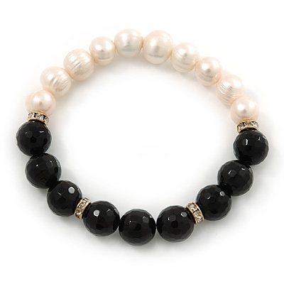 10mm Light Cream Freshwater Pearl with Black Faceted Onyx Stone Stretch Bracelet - 18cm L - main view