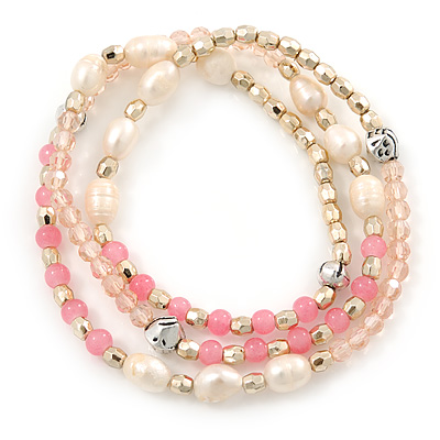 Pink Glass Crystal Bead, Agate Stone, Freshwater Pearl Flex Bracelet/ Necklace - 52cm L