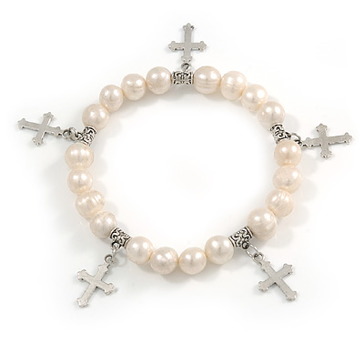 10mm Freshwater Pearl With Cross Charm Stretch Bracelet (Silver Tone) - 20cm L - main view