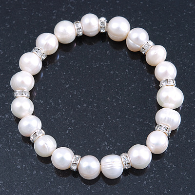 9mm Classic Light Cream Freshwater Pearl With Crystal Stud Spacer Stretch Bracelet - 18cm L - main view