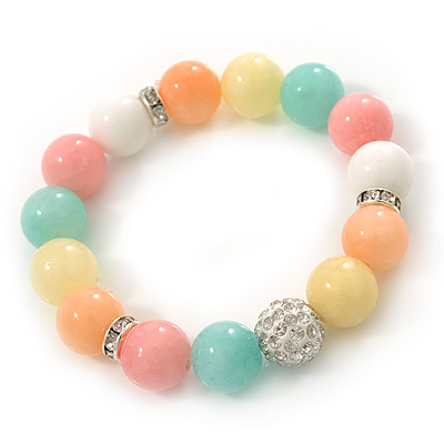 12mm Pastel Multicoloured Dyed Jade Semi-Precious Stone, Crystal Ball, Crystal Spacer Flex Bracelet - 18cm L - main view