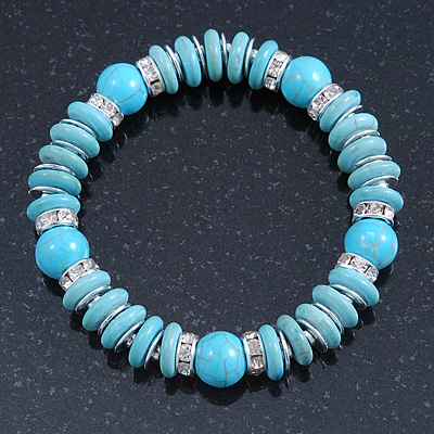 Classic Turquoise Bead With Crystal Ring Flex Bracelet - 19cm L - main view