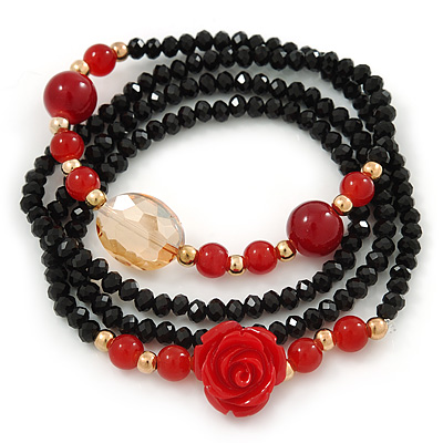 Black, Red Glass Bead With Red Acrylic Rose Flex Bracelet/ Necklace - 70cm L - main view