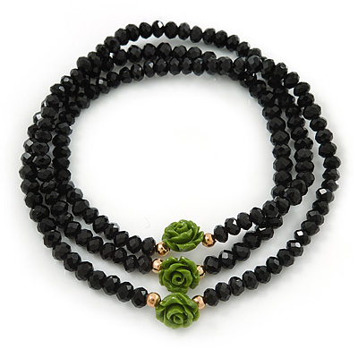 Black Glass Bead With Green Acrylic Roses Flex Bracelet/ Necklace - 52cm L