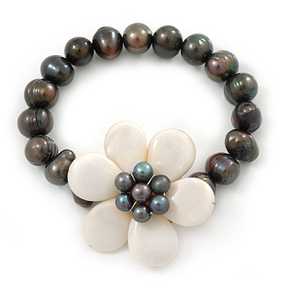 12mm Grey/ White Freshwater Pearl Flex Bracelet With A Mother Of Pearl Central Flower - 17cm L - main view