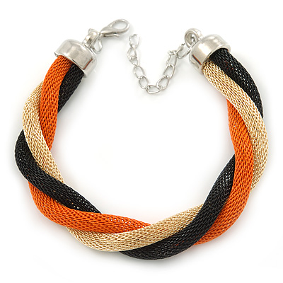 Black, Orange, Gold Twisted Mesh Bracelet In Silver Tone - 16cm L/ 4cm Ext - main view