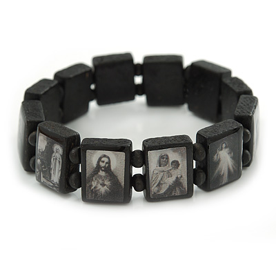Stretch Black Wooden Saints Bracelet / Jesus Bracelet / All Saints Bracelet - Up to 20cm Length - main view