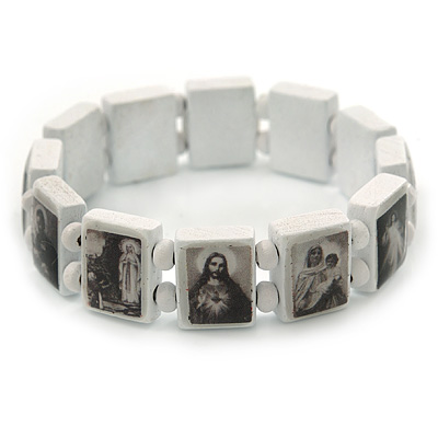 Stretch White/ Black  Wooden Saints Bracelet / Jesus Bracelet / All Saints Bracelet - Up to 20cm Length - main view