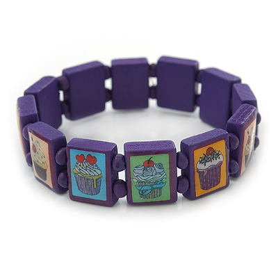 Purple Cupcake Wooden Stretch Icon Bracelet - 18cm L - main view