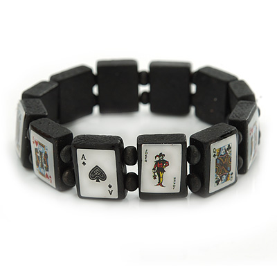 Black Wooden Playing Cards Stretch Icon Bracelet - 18cm L - main view