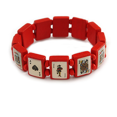 Red Wooden Playing Cards Stretch Icon Bracelet - 18cm L - main view