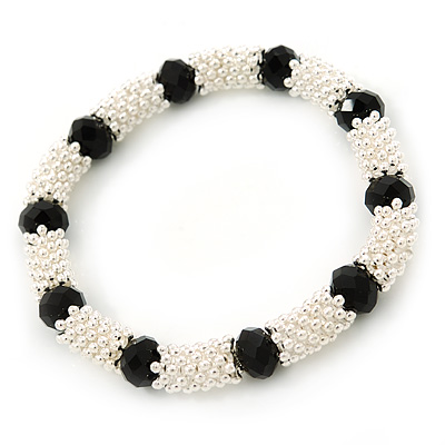 Silver Tone Snowflake Rings with Black Crystal Beads Flex Bracelet - 18cm L - main view