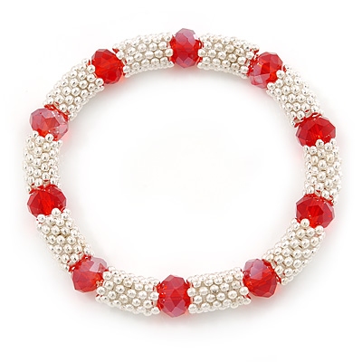 Silver Tone Snowflake Rings with Red Crystal Beads Flex Bracelet - 18cm L - main view