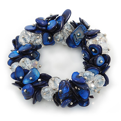 Cobal Blue Shell Chip, Transparent Glass Bead Clustered Stretch Bracelet - 19cm L - main view