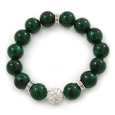 12mm Green Agate Stone With White Crystal Disco Ball Flex Bracelet - 18cm L - main view