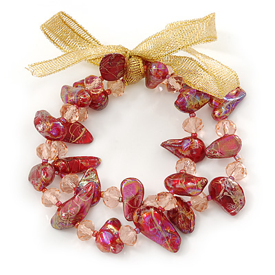 Two Row Red/ Pink Glass Nugget, Bead Flex Bracelet with Gold Organza Ribbon - 20cm L