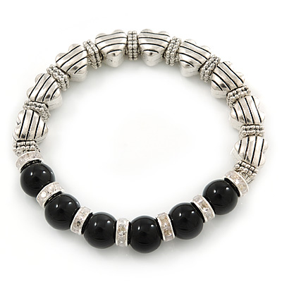 Antique Silver Tone Heart Etched Bead And 10mm Black Agate Stone Stretch Bracelet - 19cm L