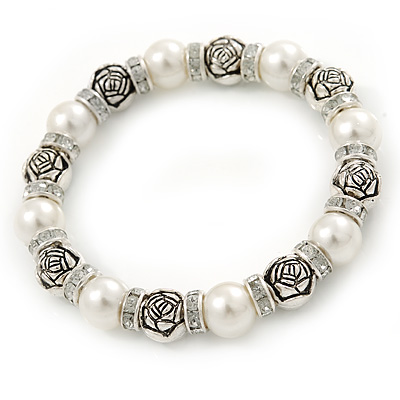 Faux Pearls, Rose Shape Silver Tone Beads, Crystal Rings Stretch Bracelet - 18cm L