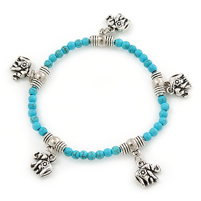 Delicate Turquoise Bead With Elephant Charm Flex Bracelet - 18cm L - main view