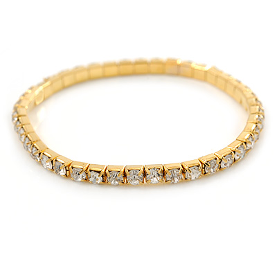 Gold Tone Clear Crystal Delicate One Row Stretch Bracelet - 17cm L