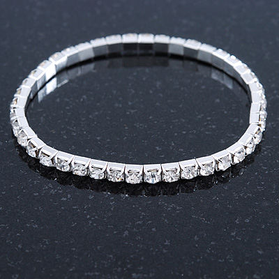 Silver Tone Clear Crystal Delicate One Row Stretch Bracelet - 17cm L - main view
