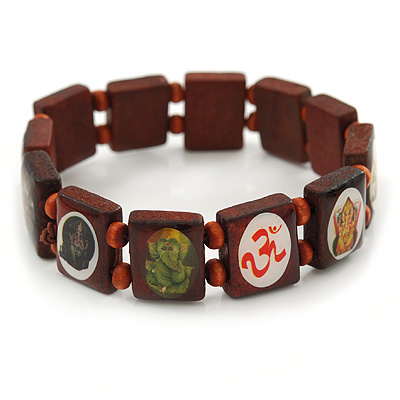 Indian Religious Brown Wood Ganesh & OM Stretch Icon Bracelet - 18cm L - main view