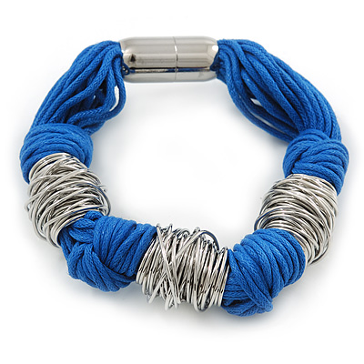 Chunky Blue Multi Cord With Silver Tone Rings Magnetic Bracelet - 17cm L - main view