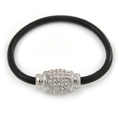 Black Leather Bracelet With Silver Tone Crystal Magnetic Closure - 18cm L - main view