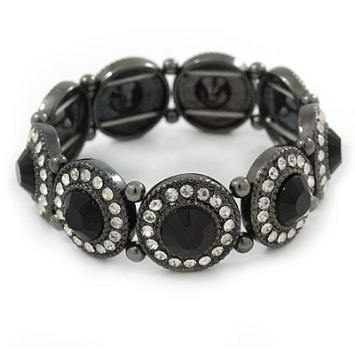 Victorian Style Round Black/ Clear Glass Crystal Flex Bracelet In Black Tone Metal - 19cm L - main view