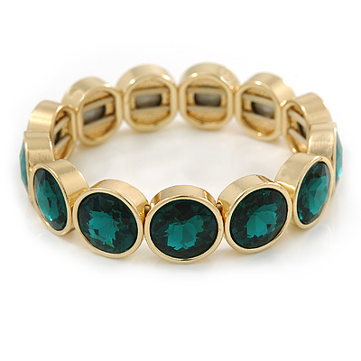 Gold Plated Round Green Glass Stone Flex Bracelet - 18cm L - main view