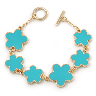 Cyan Blue Enamel Floral Bracelet With T-Bar Closure In Gold Tone - 16cm L (For Small Wrists Only) - main view