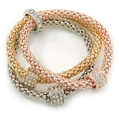 Set of 3 Mesh Bracelets With Crystal Rings In Silver/ Rose/ Gold Tone - 17cm L - for small wrist - main view