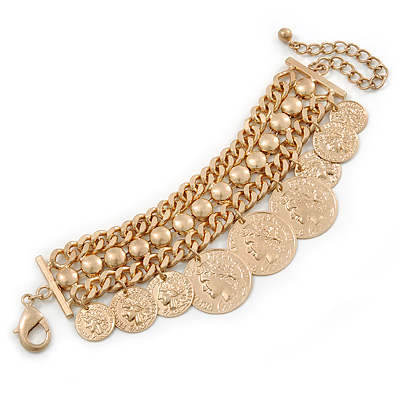 Greek Style Charm Coin Bracelet In Gold Tone - 16cm L/ 7cm Ext - main view