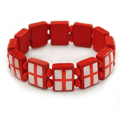 Red Wooden England Flag Stretch Icon Bracelet - up to 20cm L - main view
