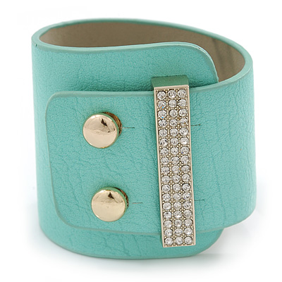Statement Wide Mint Leather Style with Crystal Closure Bracelet - 18cm L - main view