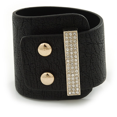 Statement Wide Black Leather Style with Crystal Closure Bracelet - 18cm L - main view