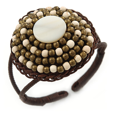 Antique White/ Bronze Shell Bead, Dome Shape Woven Flex Cuff Bracelet - Adjustable - main view