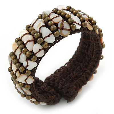 Sea Shell Chips, Bronze Bead, Dark Brown Cotton Thread Flex Wire Cuff Bracelet - Adjustable - main view