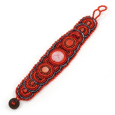 Handmade Boho Style Beaded, Shell Wristband Bracelet (Orange, Red, Hematite) - 18cm L - main view