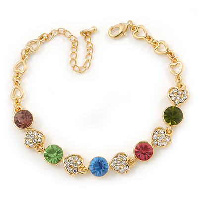 Multicoloured Autstrian Crystal, Heart Bracelet In Gold Plating - 18cm L/ 6cm Ext - main view