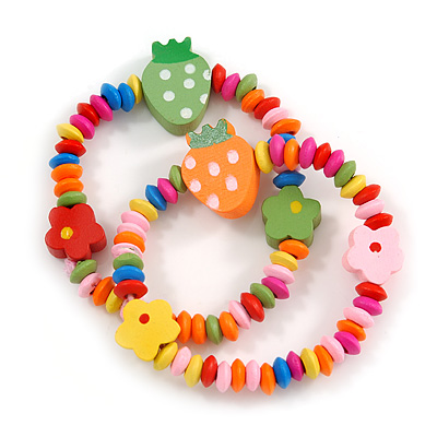 Children's/ Teen's / Kid's Multicoloured Wood Bead with Flowers and Strawberry's Flex Bracelet - Set of 2pcs - Adjustable - main view