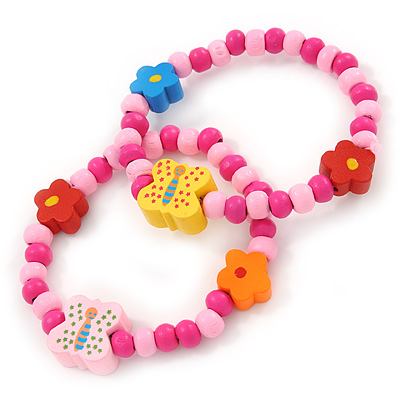 Children's/ Teen's / Kid's Pink Wood Bead with Flowers and Butterfly's Flex Bracelet - Set of 2pcs - Adjustable - main view